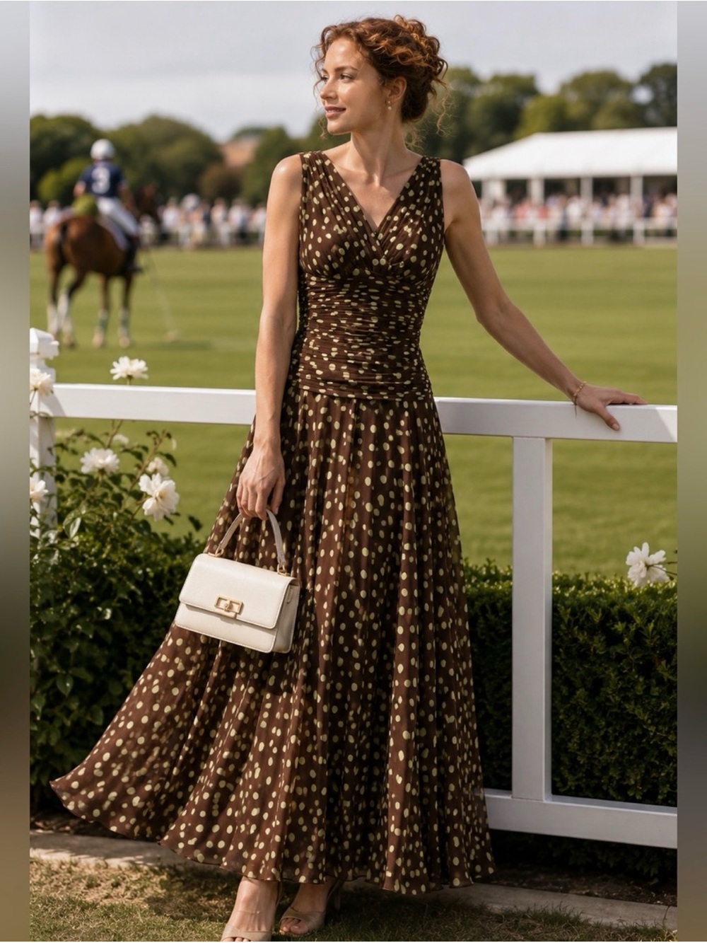 Suzi Chin 100% Silk Chiffon Polka Dot Midi Dress Brown Green Ruched Fit Flare